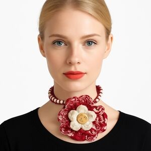 Handmade Crochet Red and White Necklace Upcycled White Beads Floral Acrylic Yarn